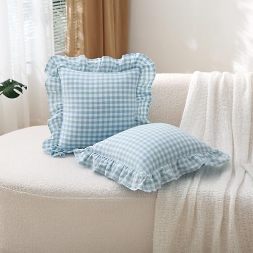 2 Pack Light Blue Gingham Ruffle Throw Pillow Covers 18''x18'' - Image 3