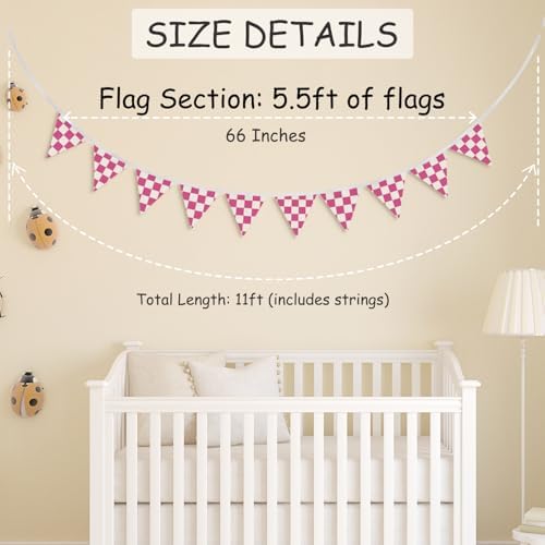 Girls Room Decor Hot Pink Checkered Fabric Garland Triangle Banners, Toddler - Image 3