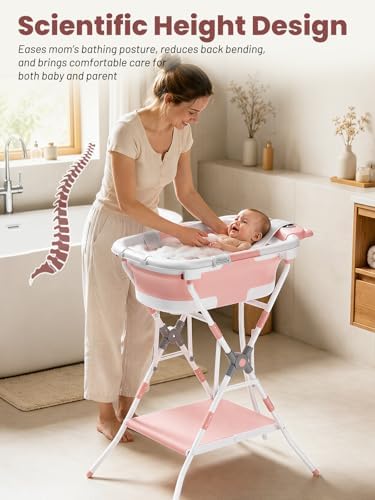 Baby Bathtub with Stand, Foldable Metal Standing Baby Bath Tub, 3-in-1 - Image 3