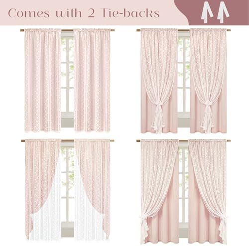 ASPMIZ Linen Pink Curtains for Bedroom, Double Layered Boho Curtain 63 Inch - Image 4