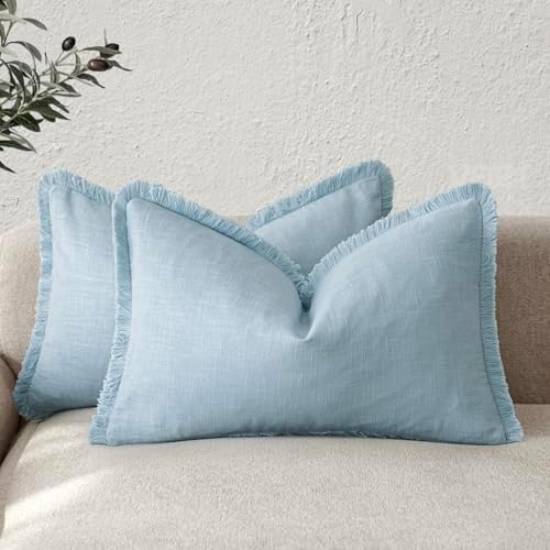 Foindtower Boho Linen Fringe Lumbar Throw Pillow Covers 12×20 Light Blue by Foindtower