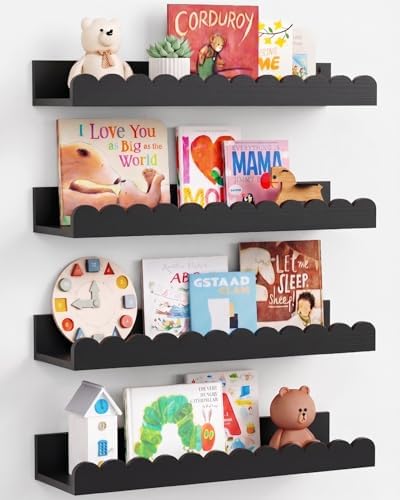 Black Nursery Floating Shelves for Wall, Scalloped Book Shelf for Kids Room by Harwaya