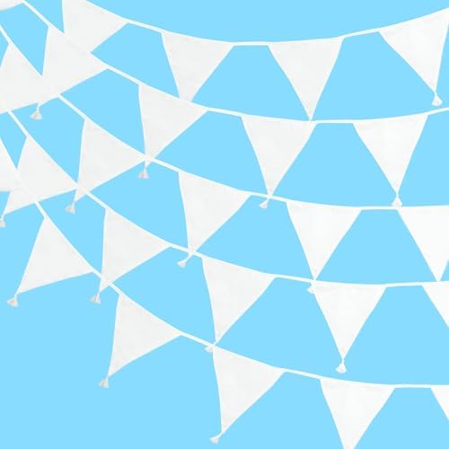 G2PLUS 10.8Ft Cotton Triangle Bunting Banner – 12pcs White Fabric Pennant Flag by G2PLUS
