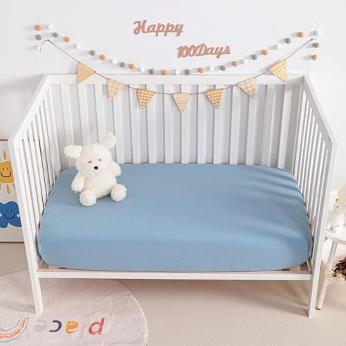 NTBAY Mini Crib Muslin Fitted Sheets, 2 Pack, 24 x 38, Sky Blue - Image 5