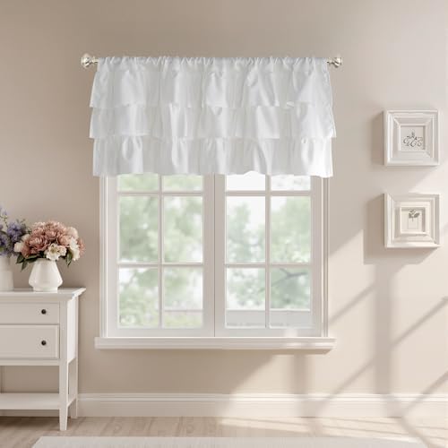 StangH White Shabby Chic Ruffle Rod Pocket Valance 52x18 Long 1 Panels - Image 3