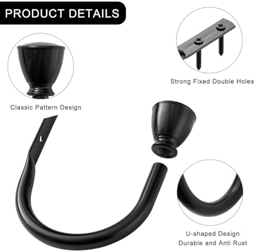 2 Pack Black Curtain Hooks for Drapes, Metal Curtain Tiebacks - Image 6