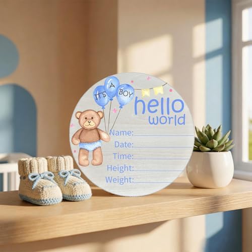 Birth Announcement Sign Hello World Baby Name Wood Blue Bear Theme - Image 4