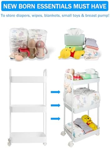 Volnamal Diaper Caddy Cart, 3-Tier Plastic Rolling Cart - Image 2