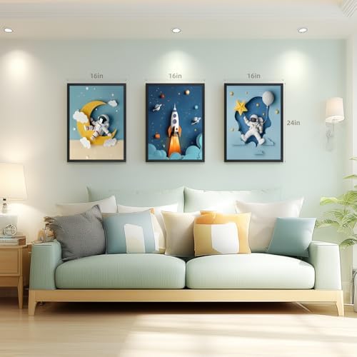 PORENY Astronaut Nursery Wall Art Set of 3, Rocket Moon Planet Canvas Prints - Image 6