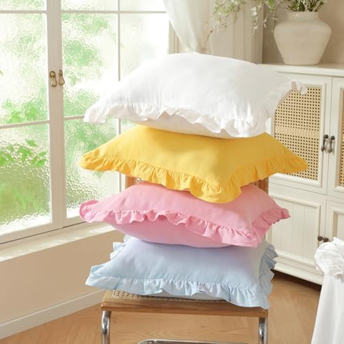 Set of 2 Yellow Ruffled Pillow Covers 18x18 Inch, Solid Color Decorative Throw - Image 4