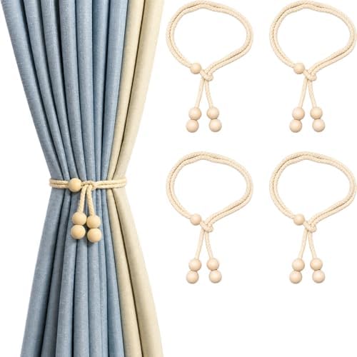 Wooden Bead Curtain Tiebacks 4 Pack Adjustable No-Drill Rope Ties by Unknown