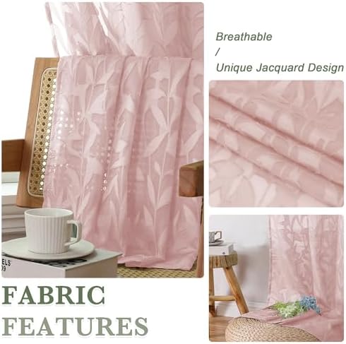 Lecloud Leia Blush Pink Sheer Curtains 96 Inches Long 2 Panels, Airy Leaf - Image 3