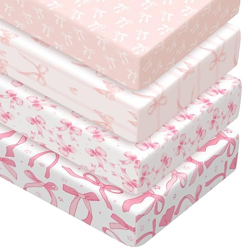 Peryiter 4 Pack Crib Sheets for Baby 52'' X 28" Pink Bow Crib Sheet by Peryiter