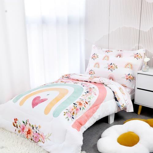 Toddler Bedding Sets for Girls, Rainbow Toddler Crib Bedding Set 4 Piece Pink - Image 2