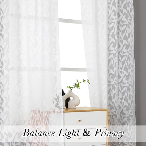 Lecloud Leia White Sheer Curtains 84 Inches Long 2 Panels, Semi Sheer Jacquard - Image 3
