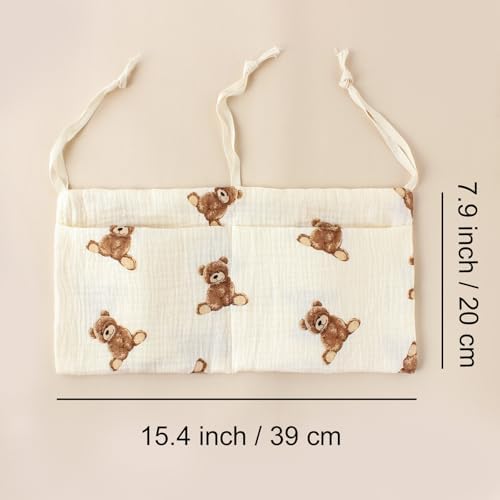 Baby Bedside Hanging Storage Bag Muslin Cotton Teddy Bear, Crib Diaper Caddy - Image 4