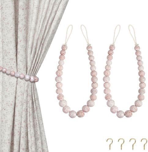Hion 2 Pcs Boho Curtain Tiebacks, Wood Beads Curtain Holdbacks, Outdoor by Hion