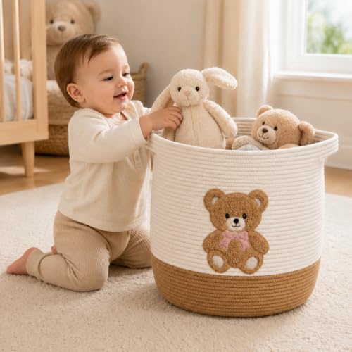 Teddy Bear Nursery Basket, Cotton Rope Baby Laundry Hamper - Image 3