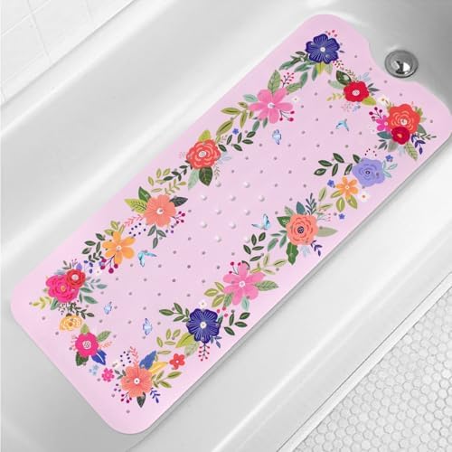 Pink Floral Bathtub Mat Non Slip by Denifeiya