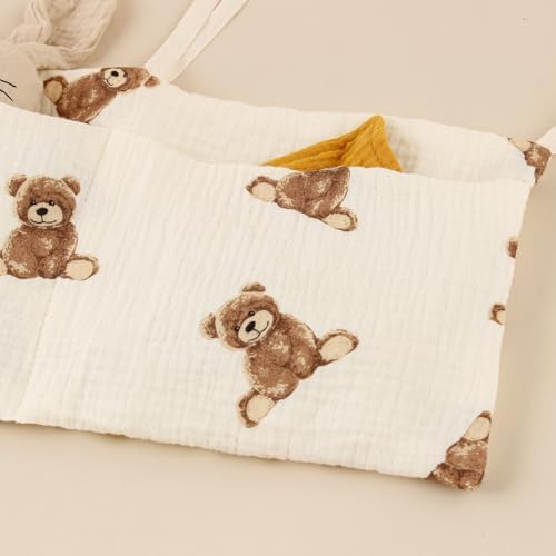 Baby Bedside Hanging Storage Bag Muslin Cotton Teddy Bear, Crib Diaper Caddy - Image 3