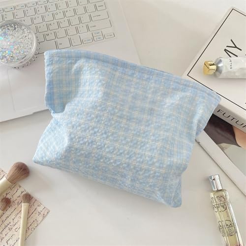 Flat Makeup Bag for Women, Zipper Cosmetic Pouch for Purse, Grid Blue - Image 6