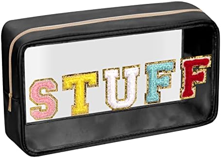 Iqimott Clear Patch Makeup Bag Stuff Pouch, Preppy Personalized Chenille Letter by Iqimott