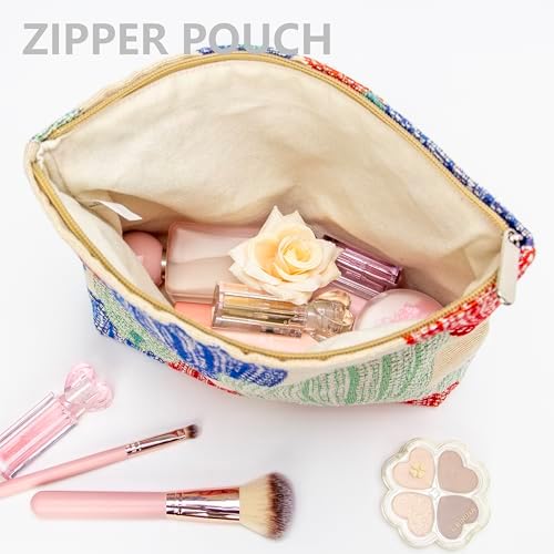 Flat Makeup Bag for Women, Zipper Cosmetic Pouch for Purse, Linen Colorful - Image 3