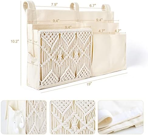 Mkono Bedside Caddy, Macrame Bunk Bed Hanging Organizer, 7 Pockets Ivory - Image 5