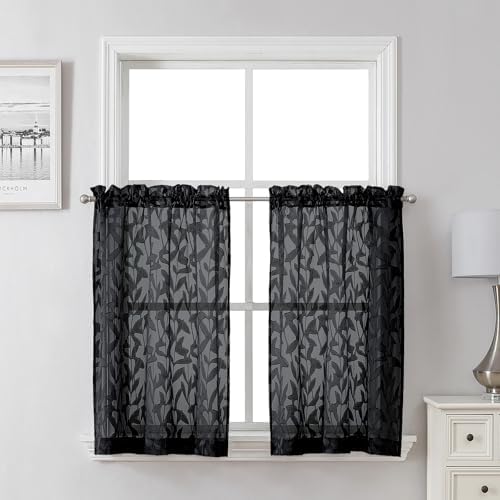 Lecloud Leia Black Sheer Kitchen Curtains 30 Inch Length 2 Pcs, Leaf Textured by Lecloud