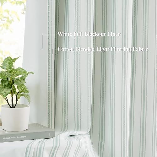 ZJDECOR Green White Cotton Blend Blackout Stripe Curtain Panels 95 Inch - Image 3