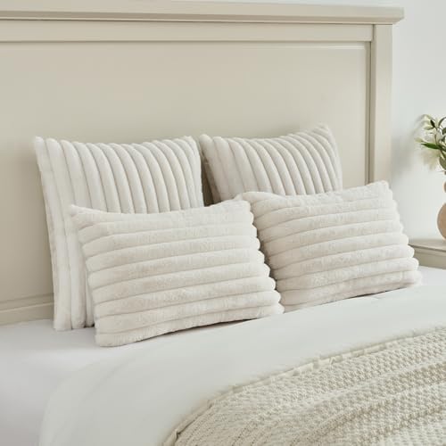 FUTEI Pack of 2 Faux Fur Throw Pillow Covers 18x18 Inch, Cream White - Image 5
