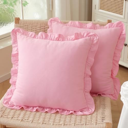 Set of 2 Blush Pink Ruffled Throw Pillow Covers 18x18 Inch, Solid Color by HOSTECCO
