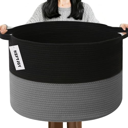 65L Large Blanket Basket, Woven Rope Laundry Basket-Black&Dark Grey by HZFTJOY