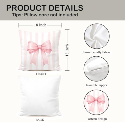 Coquette Pink Bow Striped Pillow Cover 18x18, Girly Ribbon Bow Decorative Throw - Image 2