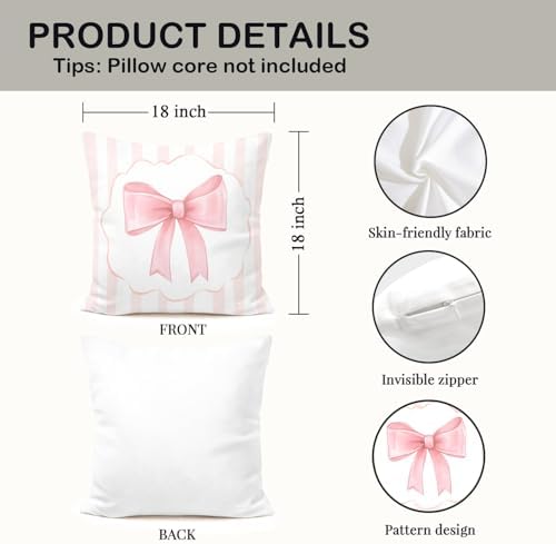 Coquette Pink Bow Pillow Covers 18x18, Coquette Room Decor, Blush Pink Striped - Image 2