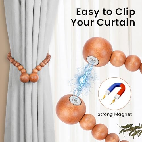 KLOGTSIND Magnetic Curtain Tiebacks, 4 Pack Wood Bead Curtain Holdbacks - Image 2