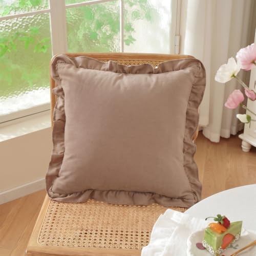 Set of 2 Taupe Ruffle Throw Pillow Covers 18x18 Inch, Solid Color Pillow Cases - Image 2