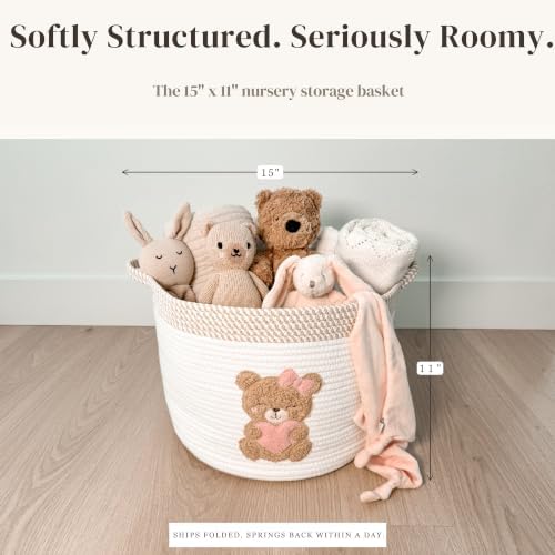 Pink Teddy Bear Baby Storage Basket, Cotton Rope Nursery Bin, 15x11 in - Image 2