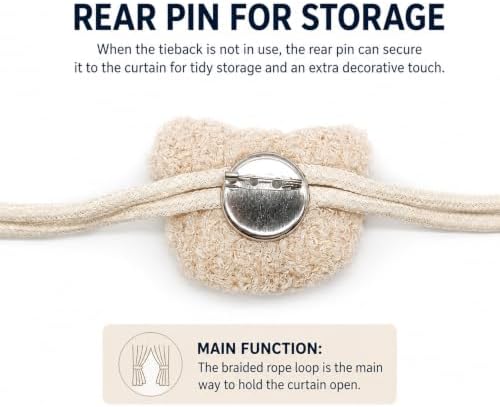 Beige Bear Curtain Tiebacks 4 Pack, Adjustable No-Drill Rope Ties - Image 3