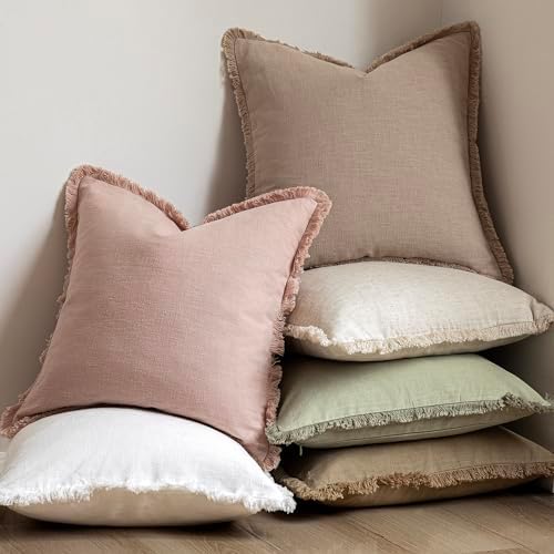 Foindtower Decorative Linen Fringe Throw Pillow Covers 16×16 Light Pink - Image 6
