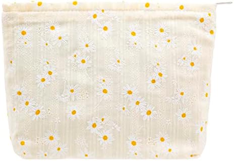 Flat Makeup Bag for Women, Zipper Cosmetic Pouch for Purse, Daisy Beige by PAZIMIIK