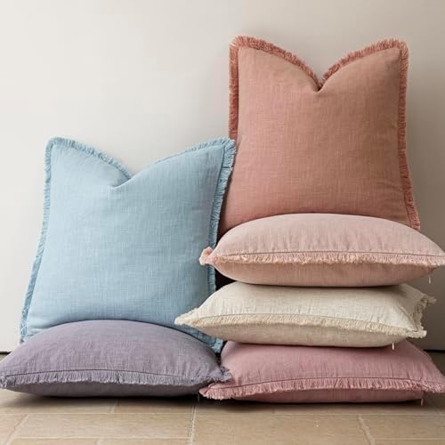 Foindtower Decorative Linen Fringe Throw Pillow Covers 24×24 Coral Pink - Image 6