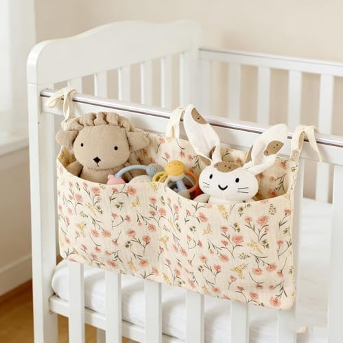 Baby Bedside Hanging Storage Bag Muslin Cotton Floral, Crib Diaper Caddy by DEZIGKA
