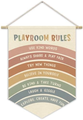 Playroom Decor, Nursery Decor, Playroom Rules Wall Art Canvas Banner, Rainbow by Unknown