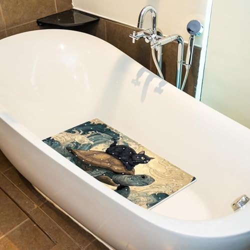 Bathtub Mat Non Slip 26.8x15.1 Inch, Cat Riding Turtle Ocean Wave Shower Mat - Image 5