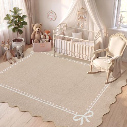 Garvee Scalloped Bow Rug Camel Washable Solid 4x6 Area Rugs by Garvee