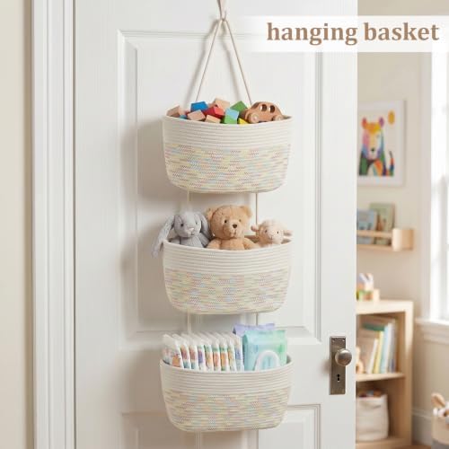 TeoKJ Over the Door Hanging Basket, 3-Tier Woven Cotton Wall-Mounted Storage - Image 4