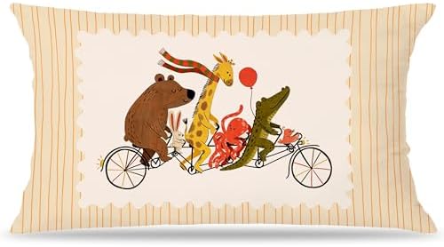 Cute Jungle Animal Bike Striped Print Pillow Cover 20x12, Whimsical Animal by Unknown