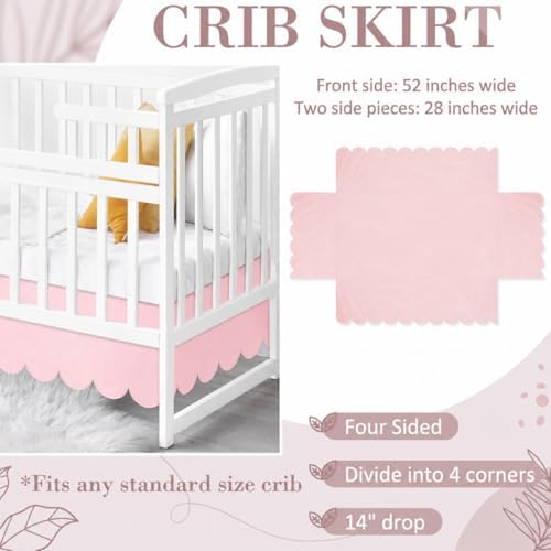 Hahafelt 28 x 52 Inch Pink Scalloped Crib Skirt, 14 Inch Drop - Image 2