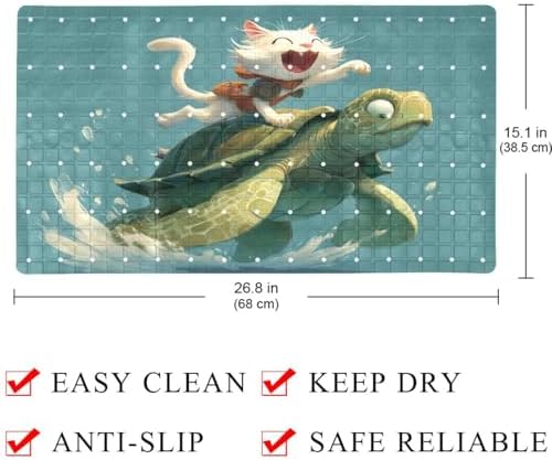 Shower Mat Non Slip 26.8 x 15.1 Inches, Cat Riding Turtle Bathtub Mat Shower - Image 2